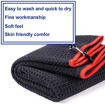 2 Pack 16" x 24" Tri-fold Golf Towel Set, Microfiber Fabric Waffle Pattern Towels, Heavy Duty Carabiner Clip (2 Pcs, 2 Colors) - color: 3: Black (Red Edge) + Navy Blue (Black Edge)