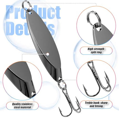 HESTYA Fishing Lures Spoons Saltwater Treble Trout Lures Hard Metal Spinner Baits 5 Sizes Casting Spoon Hooks for Salmon Bass in 1/5 1/4 3/8 1/2 3/4 oz - color: Silver, Black