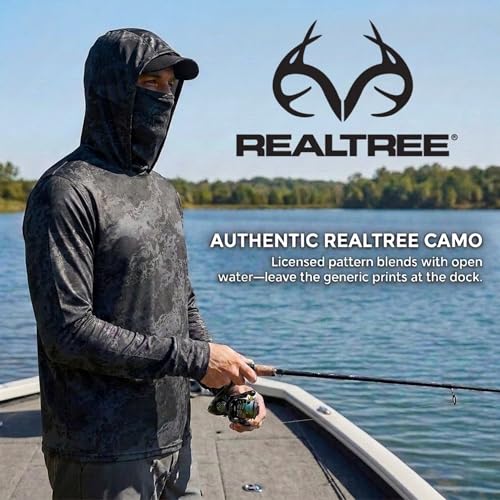 Tough Outfitters Hooded Fishing Shirt UPF 50+ Realtree Camo Sun Hoodie for Men Women – Long Sleeve UV Protection Lightweight - color: Black, size: Large