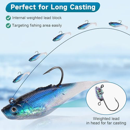 Soft Fishing Lures Pre-Rigged Swimbait Jig Head Paddle Tail Swim Baits Swim Shad Lures Soft Plastic Swimbait Bass Trout Walleye Sinking Baits Fishing Lures Kit for Saltwater Freshwater - color: 6pcs/pack, size: 6cm/2.36inch