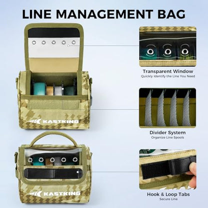 KastKing BaitSpace Line Management Bag, Fishing Line Storage Bag with Water Resistant Nylon, Clear View Window, Removable Divider, Tangle-free Leader Line Holder - color: C: Khaki Camo-Medium