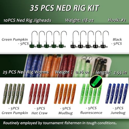 Ned Rig Jig Heads TRD Stick Worms Kit, 60, 35 Pack Ned Rig Lures Mushroom Jigs Finesse Soft Plastic Baits for Bass Fishing Freshwater Saltwater - color: 35 Pcs Ned Rig Lures