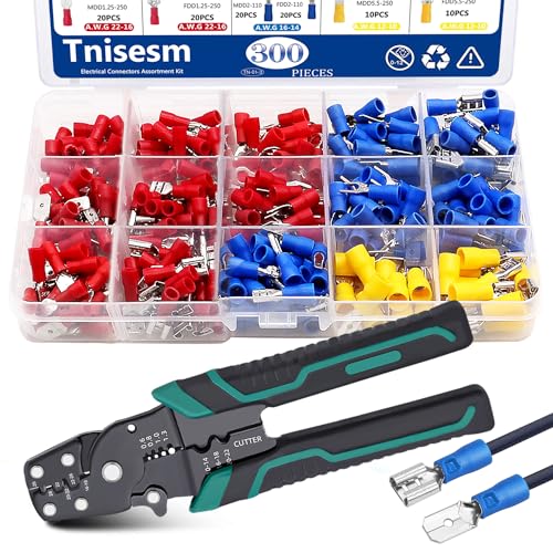 Tnisesm Spade Connector 16 Types with Professional Wire Stripper/Wire Crimping Tool, Wire Cutter, Wire Crimper, Cable Stripper, Wiring Tools and Multi-Function Hand Tool - color: 280Pcs Spade Connector+Crimping Tool