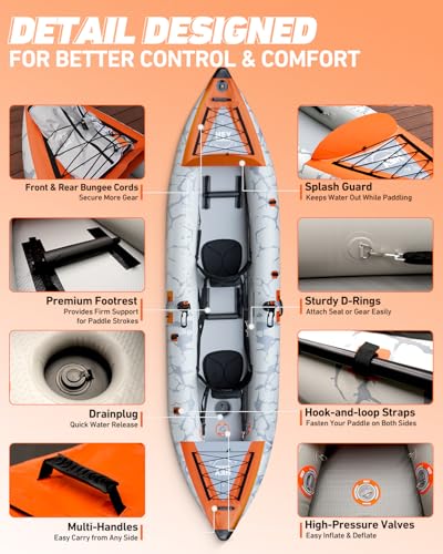 2 Person Inflatable Kayak Tandem Fishing Kayak for Adults, Portable Touring Kayak Canoe with Dual Floats, Drop-Stitch Floor and Fish Measuring Ruler, 12.5 FT - style: Rod Holder Included