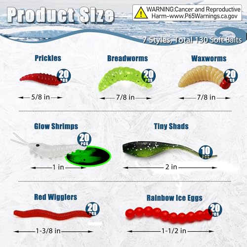 150/160/170Pcs Ice Fishing Jigs Lures Soft Plastic Worm Baits Kit, Micro Glow Winter Jig Heads Hooks for Walleye Crappie Panfish Trout, Ice Fishing Gear Equipment Tackle Accessories