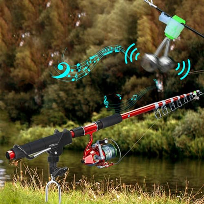 Aluminum Bank Fishing Rod Holder with 10 Fishing Bells | Heavy Duty Ground Spike Fish Pole Stand Rack for Shore, Surf, Beach Fishing - Great Fathers Day Gift for Men