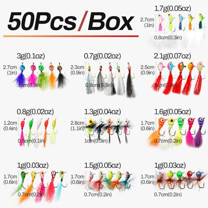 Ice Fishing Jigs Kit 100pcs Lures Bait Icefishing Set Crappie Jig Hooks Gear Accessories for Walleye Panfish with Tackle Box Gifts for Men - color: 50pcs Fly Ice Jig with Lure Box