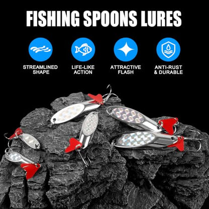 Fishing Lures Casting Spoon Lure, 5pcs Hard Metal Spoon Fishing Lures for Trout Bass Crappie Pike Walleye Saltwater Freshwater Fishing Gear 3/16oz-2oz - color: Silver-red heart, size: 3/4oz(21g)