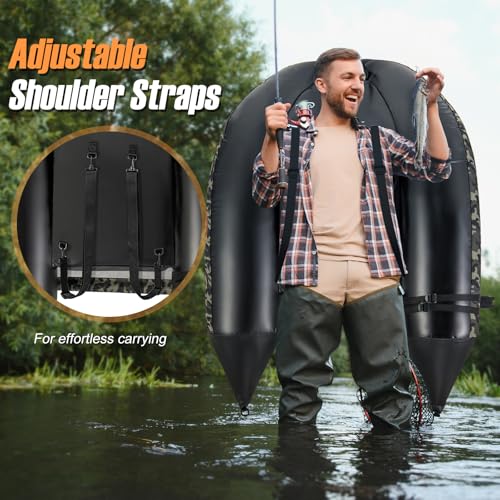 GYMAX Fishing Float Tube, 350LBS Inflatable Belly Boat with Oar, Flippers, Rod Holder, Fish Ruler, Hand Pump & Zipper Storage, Portable Backpack Float Tubes for Fishing - color: Camouflage