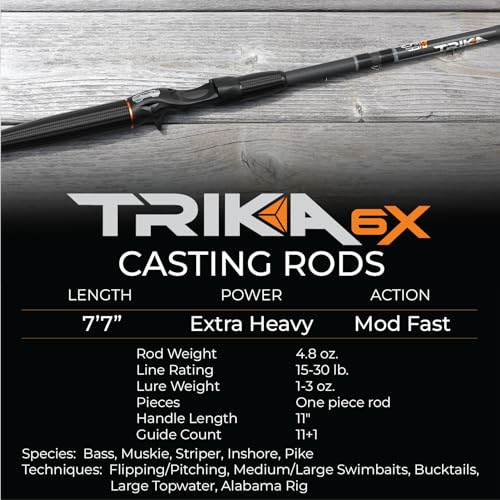 TRIKA 6X Spinning/Casting Carbon Rod Carbon Weave Rod for Extra Sensitive Vibration | Longer Casting | Lightweight Freshwater Fishing Pole - style: Casting 7'7" Xtra Heavy/Fast 1pc.