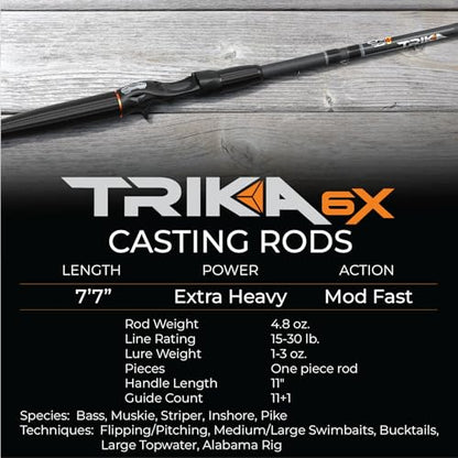 TRIKA 6X Spinning/Casting Carbon Rod Carbon Weave Rod for Extra Sensitive Vibration | Longer Casting | Lightweight Freshwater Fishing Pole - style: Casting 7'7" Xtra Heavy/Fast 1pc.