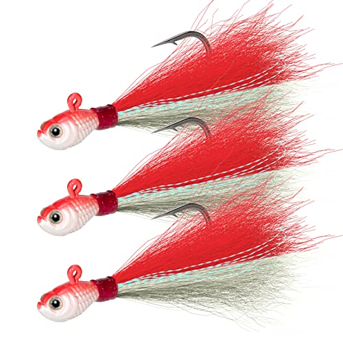 Dr.Fish 3 Pack Bucktail Jig Lure Hair Jig Saltwater Freshwater Lures Surf Fishing Bass Flounder Striper Bluefish Halibut Redfish - color: Red & White(pack of 3), size: 1 oz