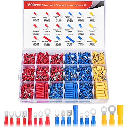 Nilight 1500pcs Mixed Quick Disconnect Crimp Connector Butt Splice Ring Fork Spade Bullet Piggy Back Assortment Kit 22-10 AWG Insulated Wire Terminal for Automotive Wiring - color: 1500PCS Mixed Crimp Terminals