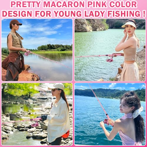 Fishing Rod and Reel Combos, Carbon Fiber Telescopic Fishing Pole Kit with Spinning Reel, Fishing Line, Fishing Lures, Travel Bag for Woman Girl Beginner Saltwater Freshwater - color: MACARON PINK