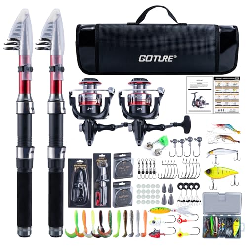 Goture Fishing Rod and Reel Combos-2PCS Telescopic Fishing Pole+2PCS Spinning Reels with Carrier Bag,2.1M Telescopic Rod Reel Kit for Starter Travel Saltwater Freshwater,Gifts for Men