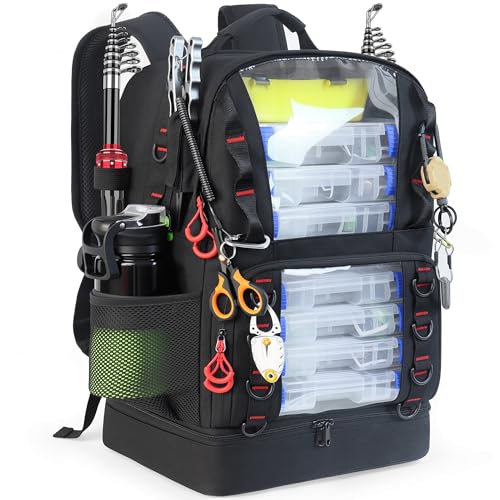 Fishing Tackle Backpack with Cooler,45L Large Tackle Bag with 2 Rod Holders & Clear Window,Outdoor Fishing Backpack for Fishing,Camping,Hiking,Black - color: Black