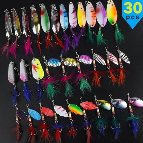 Spinner Baits Bass Lures Rooster Feather Tail Trout Lures Hard Metal Inline Spinner Bait Fishing Lure for Bass Salmon Trout - style: 30pcs Spinnerbaits Kit