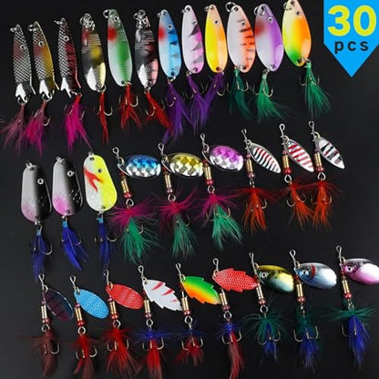 Spinner Baits Bass Lures Rooster Feather Tail Trout Lures Hard Metal Inline Spinner Bait Fishing Lure for Bass Salmon Trout - style: 30pcs Spinnerbaits Kit