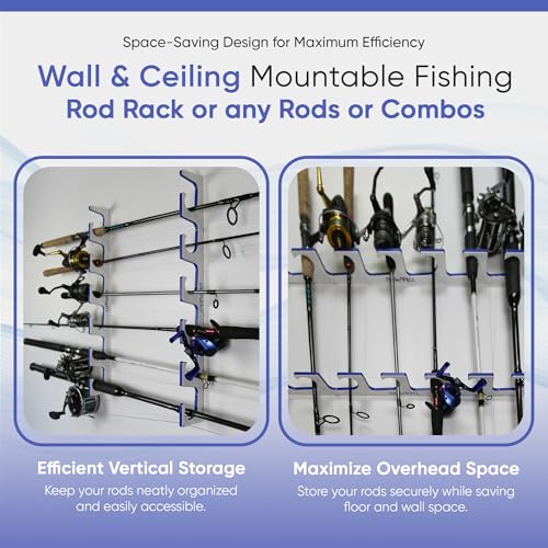 TRAPSKI Made in the USA Premium Fishing Rod/Pole Holder Rack Organizer | Wall or Ceiling Mounted Fishing Rod Rack | Marine Grade HDPE Plastic | Rod Holder for up to 12 | Stackable - 2 Pack - color: H6 White/Blue