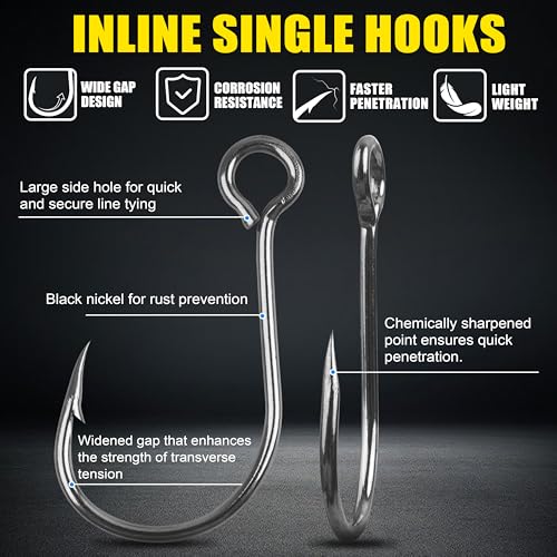 Inline Single Hooks Kit, 185pcs Single Replacement Hooks for Hard Lures Baits Inline Circle Hooks with Split Rings Large Eye Fishing Hooks Saltwater Freshwater for Treble Hook Replacement