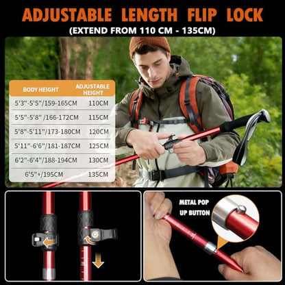 Deepfeel Collapsible Trekking Pole Adjustable Hiking Pole - Aluminum Alloy 7075 Walking Stick with Telescopic & Foldable Tri-fold Design for Travel Camping Climbing Walking - color: Red