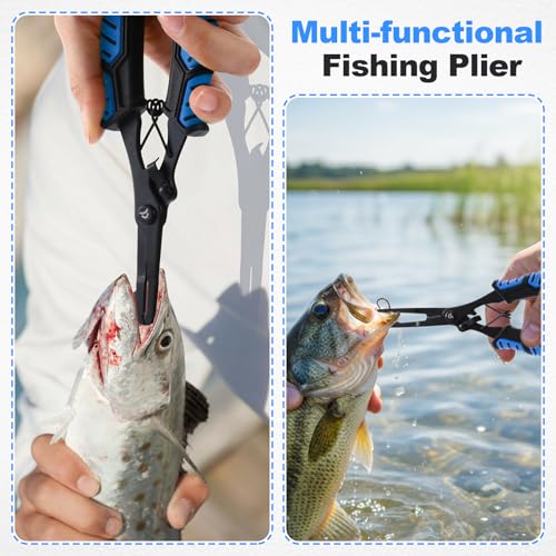 RoundFunny Fish Lip Gripper Pliers, Combo Fishing Tool Kit Stainless Steel Multifunction Hook Remover, Split Ring Pliers with Lanyards Sheath for Fly, Easter Fishing Basket Gift Gear Men Women - color: Blue