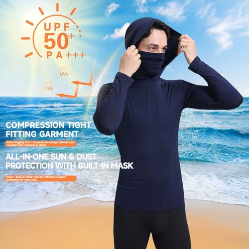 3/6 Pack Mens Sun Protection Fishing Hoodie with Face Mask UPF 50+ Long Sleeve Compression Work Shirt Construction Quick Dry - color: 3 Pack【loose Fit】blue, size: X-Large