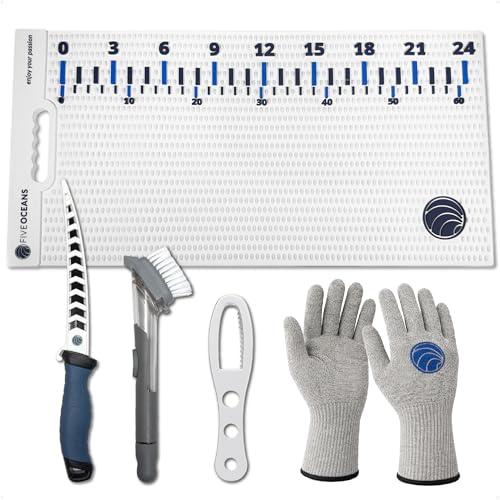 Five Oceans Nonslip Fish Fillet Mat Kit 28" x 14", White - Complete Fish Cleaning Set with Knife, Cut-Resistant Gloves, Fish Scaling Tool & Scrubbing Brush for Home Kitchen, Patio & Outdoor - FO4907 - color: Fish Fillet Mat Kit