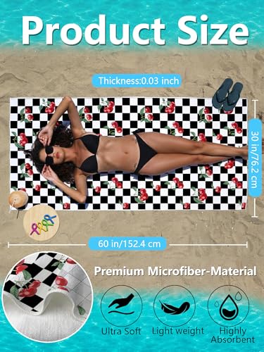 Black and White Checkered Beach Towel - Retro Plaid Cherry Large Sand Free Towel 30x60 Inch for Beach Camping Swim Pool Gym Sports & Yoga, Cherry Themed Gifts for Women - color: Btowels01