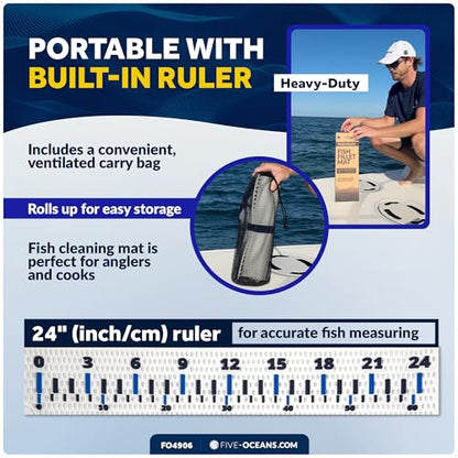 Five Oceans Fish Fillet Mat 28" x 14" - Non-Slip Marine Fish Filleting Mat for Boat & Dock Fishing - Heavy-Duty UV Resistant Roll-Up Fishing Mat - Easy Clean FO4906 - color: Fish Fillet Mat