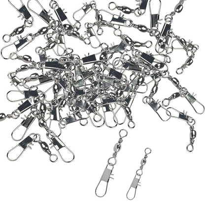 100Pcs Barrel Snap Swivels Fishing Tackle, Size 8# & 12# Stainless Steel Fishing Swivels with Safety Interlock Snaps, 10-20kg Tensile Strength Lure Connector for Freshwater & Saltwater