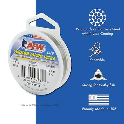 American Fishing Wire Surflon Micro Supreme Nylon Coated 7x7 Stainless Steel Leader Wire - Knottable Wire Leaders for Fishing Saltwater, Fly Fishing, 13lb Test - 90lb Test, Bright, Black & Camo Colors - color: Bright, style: 5 Meter, 13 Pound Test