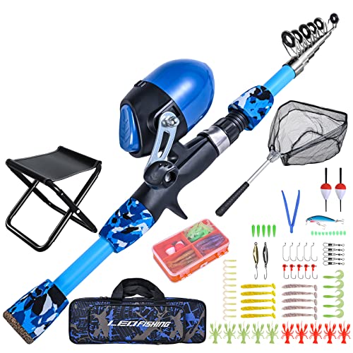 LEOFISHING 170cm/5.6ft Kids Fishing Rod Set Portable Telescopic Kids Fishing Poles with Collasible Chair Fishing Net Carrier Bag and Full Kits for Boys and GirlsBeginner and Youth