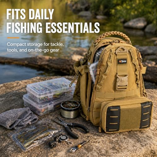 Tovra Fishing Tackle Backpack with Rod Holder & Removable Storage Pouch – Waterproof Sling Bag, Fits Up to 3 3700 Tackle Boxes, MOLLE Fishing Backpack for Rods, Pliers, Water Bottle & Outdoor Gear