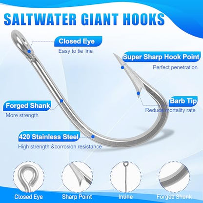 Large Giant Shark Fishing Hooks Saltwater Alligator Hooks Big Game Stainless Steel J Fishing Hooks Extra Strong Large Fish Hooks for Tuna Swordfish Catfish Size 5/0-20/0 - size: 11/0-8pcs