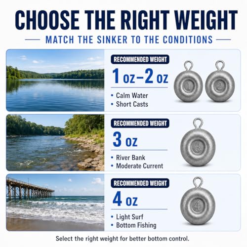 No Roll Disc Sinkers Fishing Weights, Coin Sinkers with Metal Eye, Flat Round Lead Weights for Catfish Rigs, Surf, Pier, Bottom, Saltwater & Freshwater Fishing - size: 20 Pcs / 4 Sizes