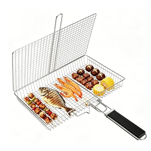 BBQ Grill Basket, 430 Food Grade Stainless Steel Lockable Fish Grill Basket with Removable Handle, Portable Grilling Rack for Whole Fish, Steak, Shrimp and Vegetables, Outdoor Camping Barbecue