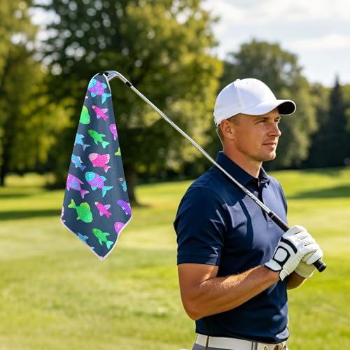 Fish 2 Pack Waffle Pattern Golf Towels, 17.7"x17.7" Square Golf Towel with Carabiner Clip and Magnetic Snap for Cleaning Golf Ball, Club