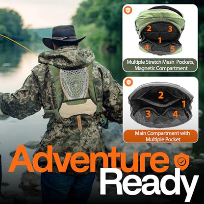 Fishing Chest Pack with Magnetic Pocket, Net Holder and Adjustable Straps | Magnetic Front Pocket, Multiple Storage Compartments, Adjustable Straps, Versatile Chest Bag