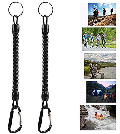 Pack of 6 Black Coiled Fishing Lanyard with Carabiner Fishing Ropes Secure Pliers Lip Grips Tackle Fish Tools