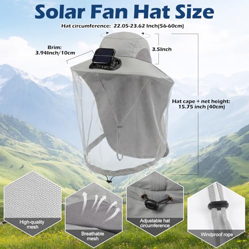 Suhine Mosquito Net Hat with Fan Built in Wide Brim Fan Solar Hat with Netting and Neck Flap for Men Women Outdoor Fishing - color: Light Gray