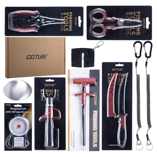 Goture Fishing Tool Kit,Fishing Pliers,Fillet Knife with Sheath,Fish Lip Gripper,Fish Hook Remover,Lanyard,Line Scissors,Sharpener,Stainless Steel Soap,Saltwater Gear Kit,Red/Pink,Gifts for Men/Women - color: A4:10pcs Fishing Kit