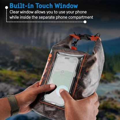 Pelican Marine IP68 Waterproof Dry Bag 5L w/Phone Pouch/Case - Hunter Camo | Roll Top Waterproof Backpack with Touchscreen Phone Pouch - Swimming, Kayaking, Camping, Rafting, Fishing & Travel Essentials - color: Hunter Camo - 5L, size: 5L