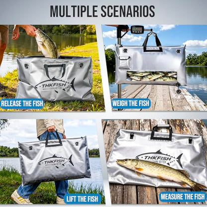 THKFISH Fish Tournament Weigh in Bag for Bass Fishing with Leakproof Zipper | Heavy Duty Live Fish Bags for Caught Fish with Waterproof Zipper and Mesh Liner,Puncture Resistant - color: Silver-32×19.7in