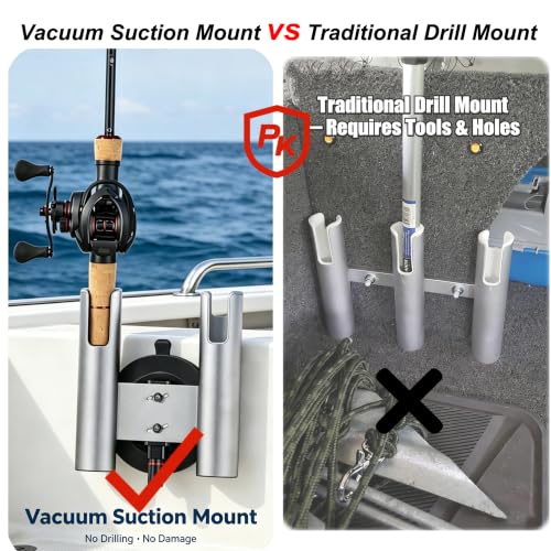 2-Rod No-Drill Aluminum Rack Vacuum Fishing Rod Holder with 300LB | for Boat Truck Wall Glass ，Removable Quick-Release Suction Mount – Installs in Seconds. No tools.