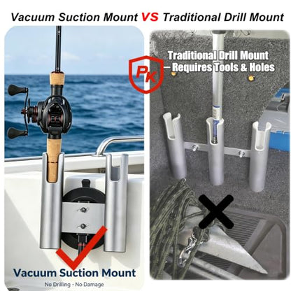 2-Rod No-Drill Aluminum Rack Vacuum Fishing Rod Holder with 300LB | for Boat Truck Wall Glass ，Removable Quick-Release Suction Mount – Installs in Seconds. No tools.