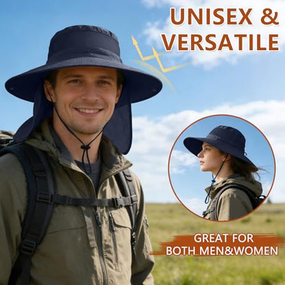 ZOORON Sun Hats for Men Women Fishing Hat with Neck Flap,UPF 50+ Sun Hat Waterproof Wide Brim Bucket Hats for Safari Hiking - color: 1-navy Blue(neck Flap)