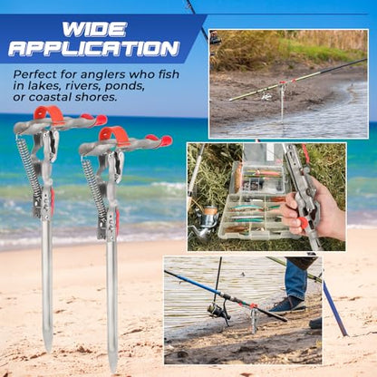 NATGAI 2 Pack Automatic Spring Fishing Rod Holders, Stainless Steel Auto Hook Setter Rod Stand with Ground Support, Folding Pole Bracket, Adjustable 360° Tip-Up Rod Rack for Bank Fishing