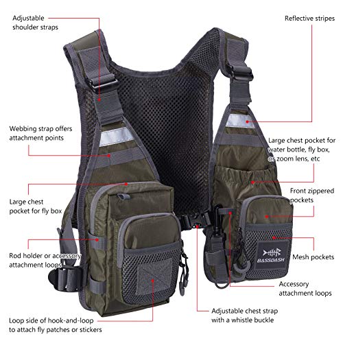 BASSDASH FV08 Ultra Lightweight Fly Fishing Vest for Men and Women Portable Chest Pack - color: Army Green