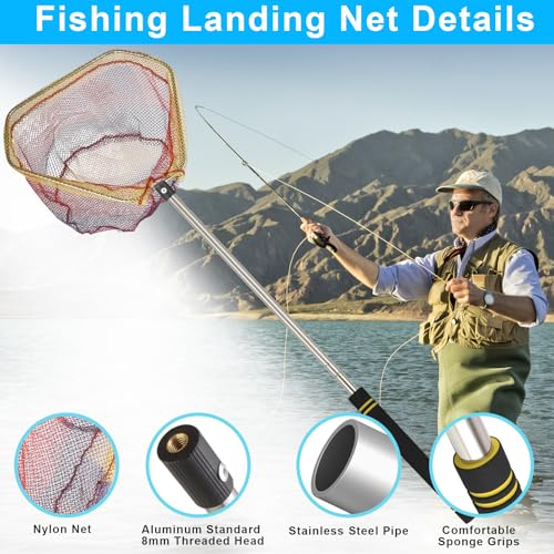 Fishing Landing Net, Fishing Net with Handle for Fishing with Splicing Extension Pole Handle Sturdy Stainless Steel Tubes Comfortable Sponge Handle, yellow - size: 60inch (SPLICED black)